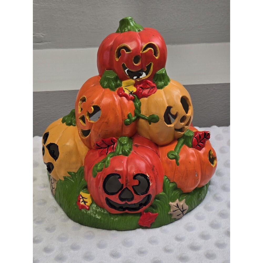 Vintage Ceramic Jack-O-Lantern Pumpkin Stack Figurine Halloween Hand Painted 8"